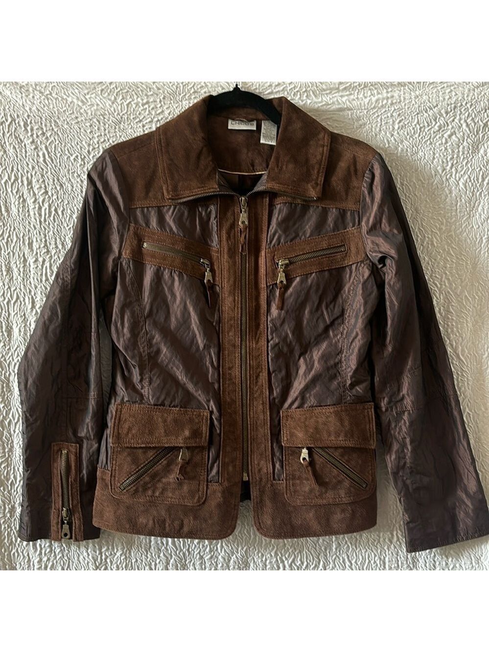 Chicos Suede Leather Patches Metallic Nylon Full Zip Jacket